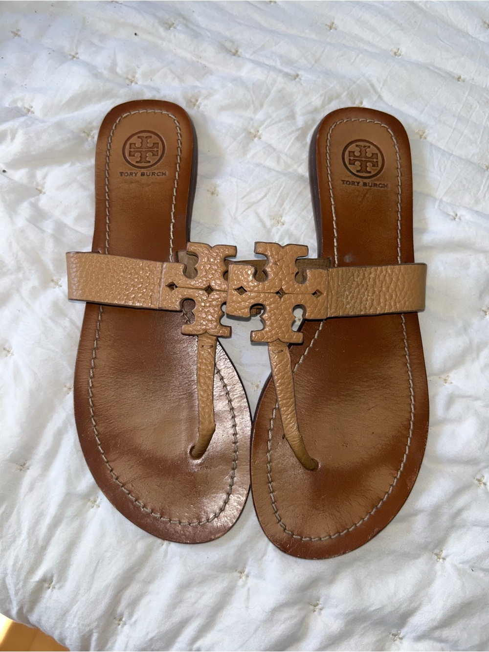 Tory Burch Brown Leather Logo Thong Sandals